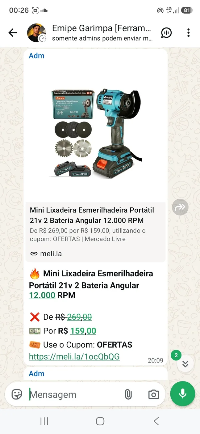 Histórico de preço: mini lixadeira esmerilhadeira portátil 21V por R$ 159,00