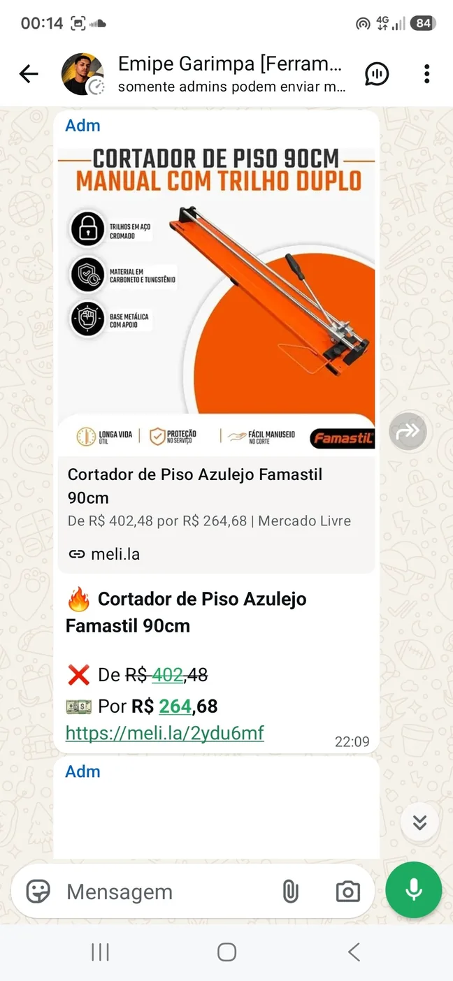 Histórico de preço: cortador de piso e azulejo Famasill 90cm por R$ 264,68