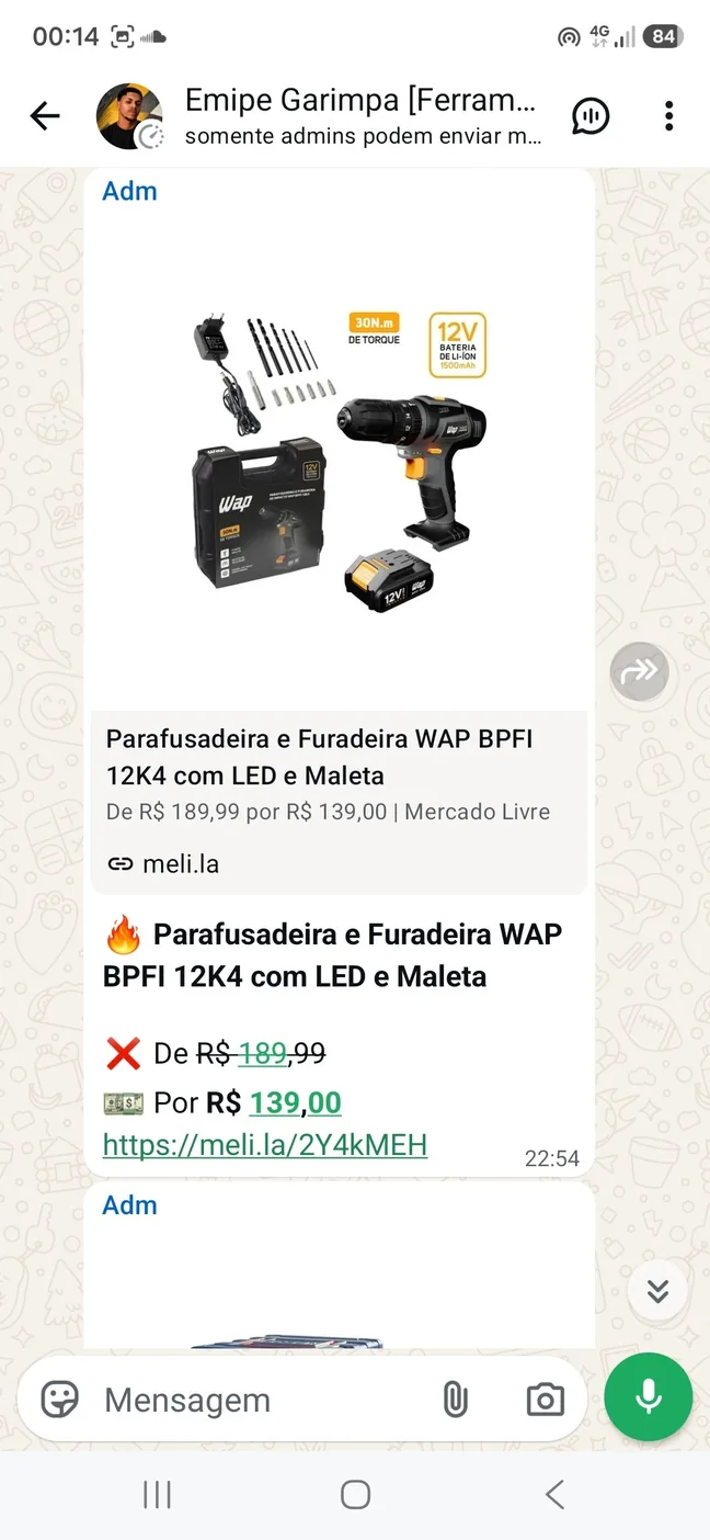 Histórico de preço: parafusadeira e furadeira WAP BPF 12K 12V por R$ 139,00