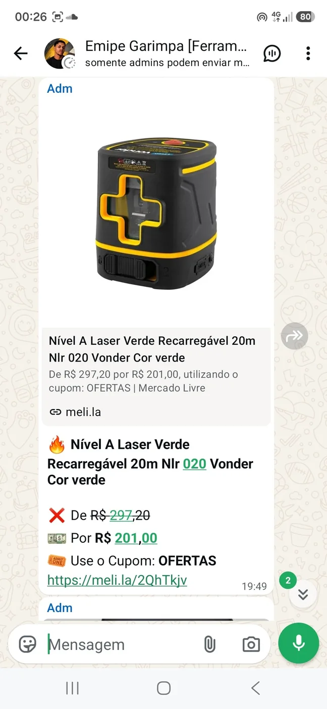 Histórico de preço: nível a laser verde recarregável 20m por R$ 201,00